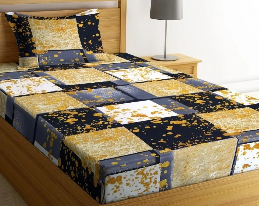 NHD HOME Premium Cotton Printed Single Bedsheet with One Pillow Cover for Coat/Diwan/ 4x6 Bed 180 Tc (150x225 cm, Black & Beige) बेडशीट