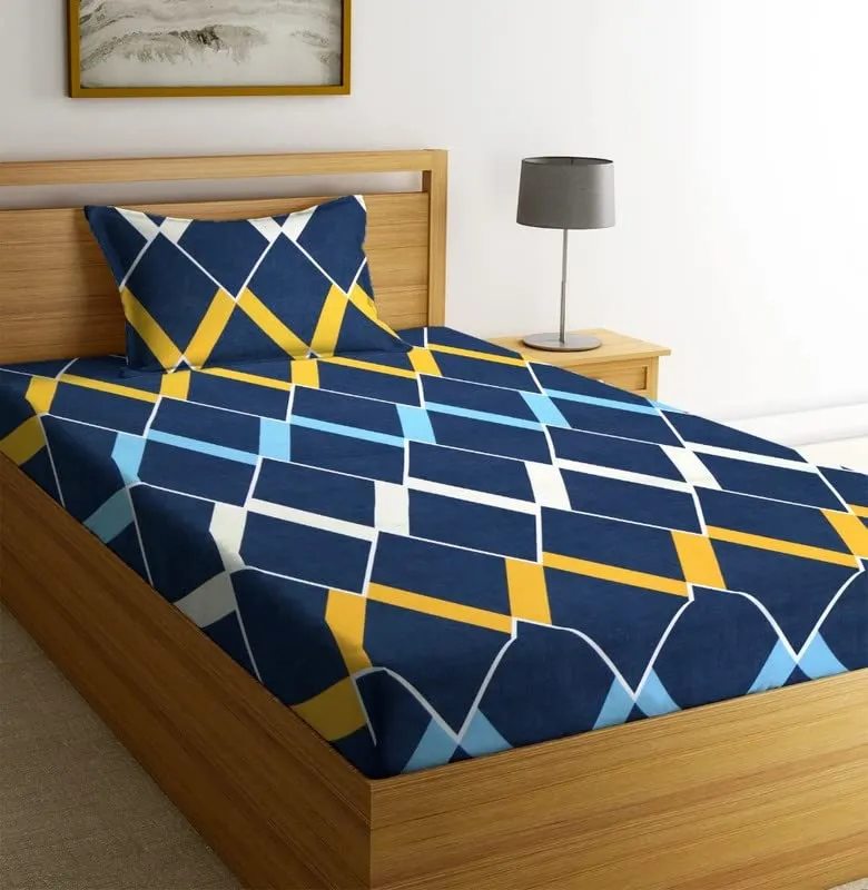 NHD HOME Premium Cotton Printed Single Bedsheet with One Pillow Cover for Coat/Diwan/ 4x6 Bed 180 Tc (150x225 cm, Blue White Striped) बेडशीट