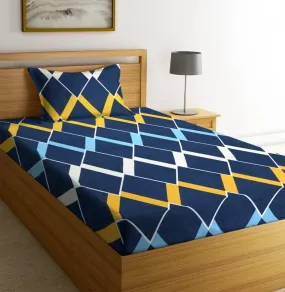 NHD HOME Premium Cotton Printed Single Bedsheet with One Pillow Cover for Coat/Diwan/ 4x6 Bed 180 Tc (150x225 cm, Blue White Striped) बेडशीट