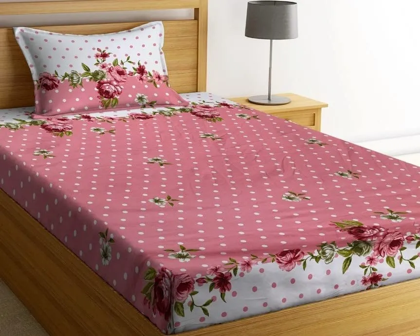 NHD HOME Premium Cotton Printed Single Bedsheet with One Pillow Cover for Coat/Diwan/ 4x6 Bed 180 Tc (150x225 cm, Pink & White) बेडशीट