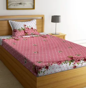 NHD HOME Premium Cotton Printed Single Bedsheet with One Pillow Cover for Coat/Diwan/ 4x6 Bed 180 Tc (150x225 cm, Pink & White) बेडशीट