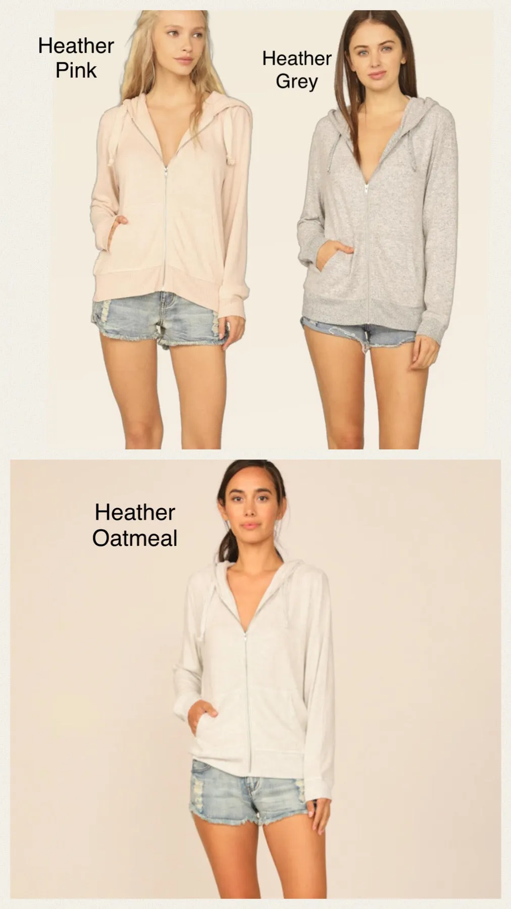 Ocean Drive Brushed Hacci Zip Hoodie - Heather Grey, Heather Pink or Heather Oatmeal