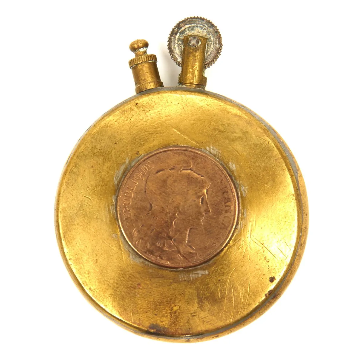 Original WW1 British / French Coin Decorated Round Brass Trench Lighter