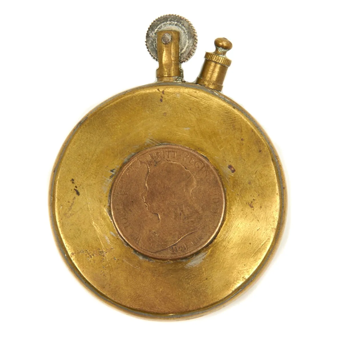 Original WW1 British / French Coin Decorated Round Brass Trench Lighter