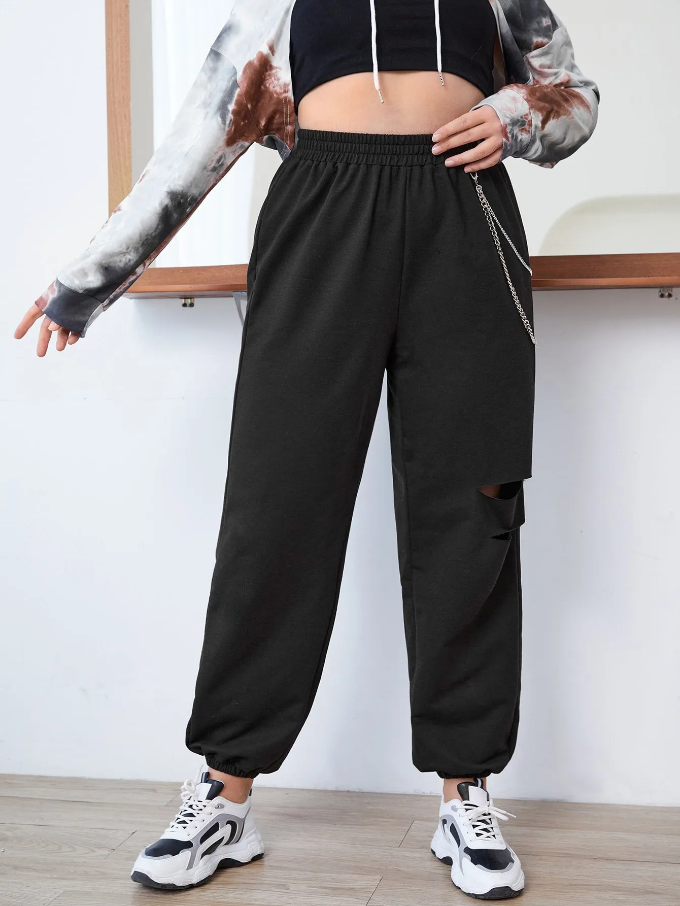 Plain Cut Out High Waist Long Plus Size Sweatpants