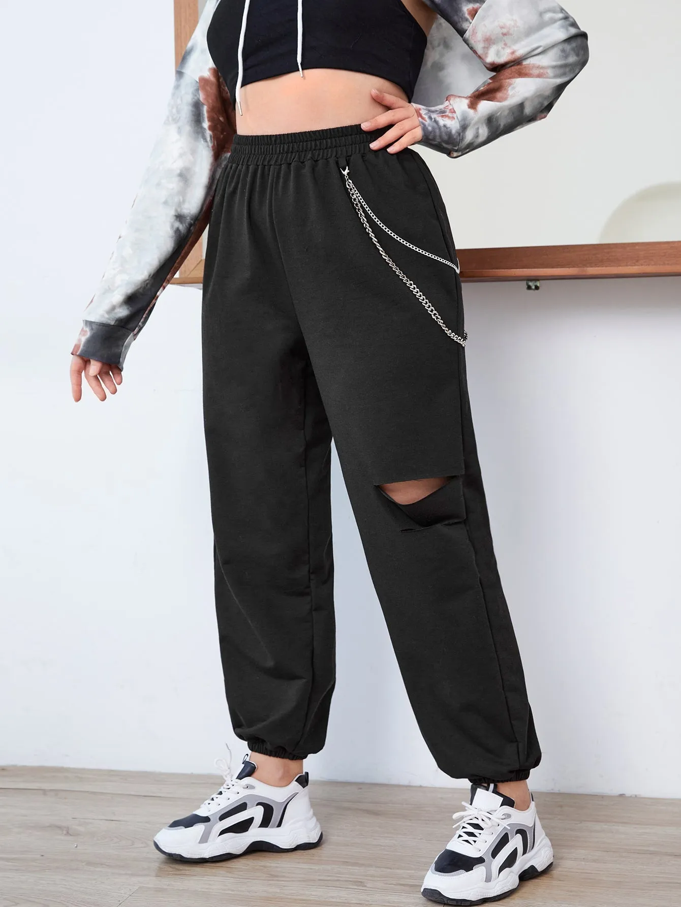 Plain Cut Out High Waist Long Plus Size Sweatpants