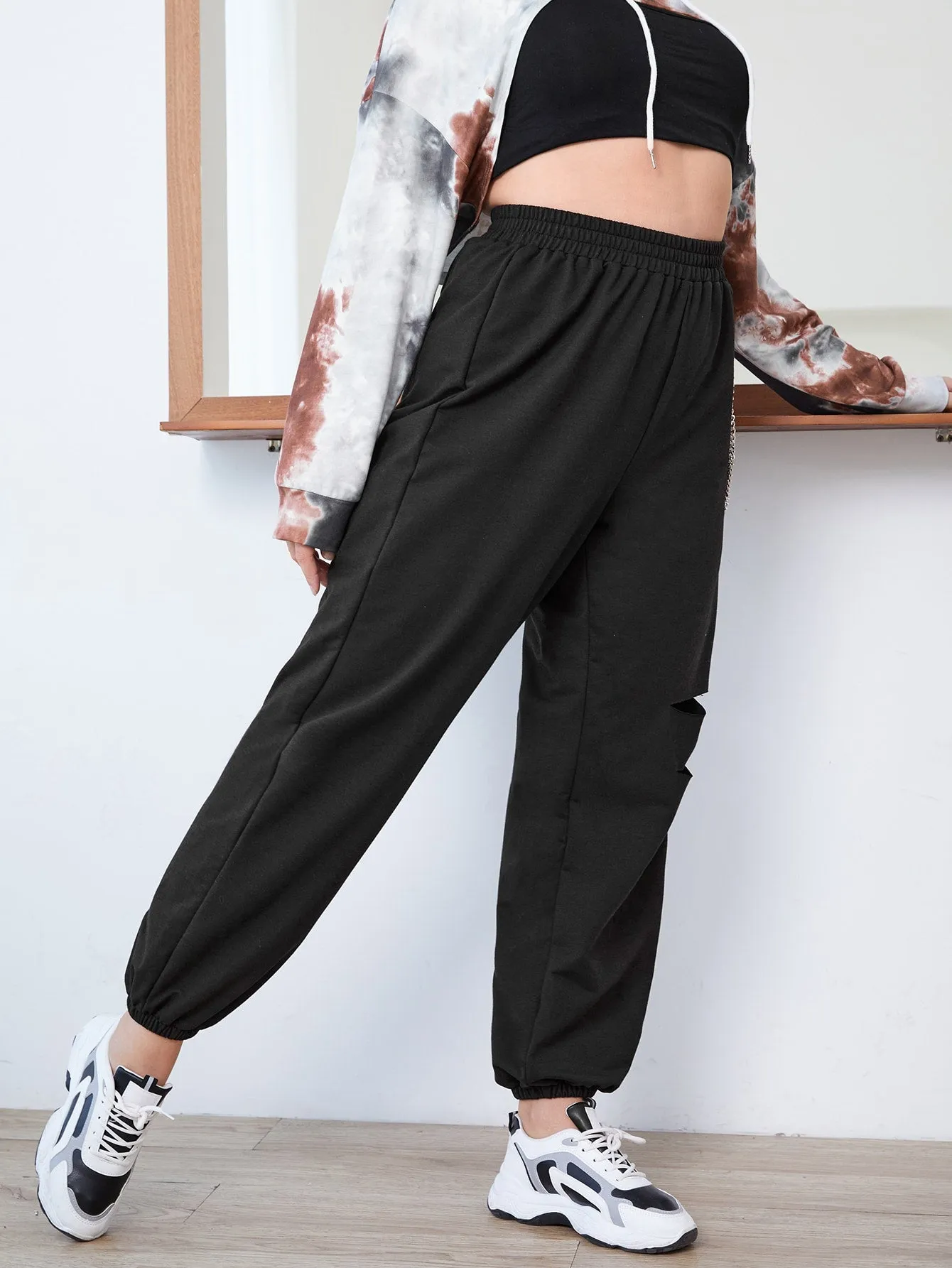 Plain Cut Out High Waist Long Plus Size Sweatpants
