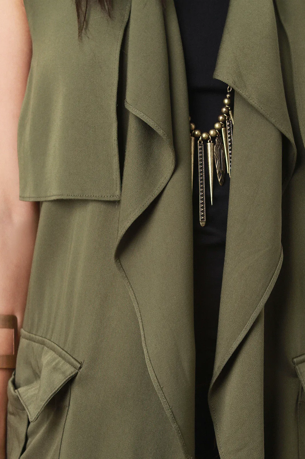 Pocket Belted Draped Lapel Trench Vest