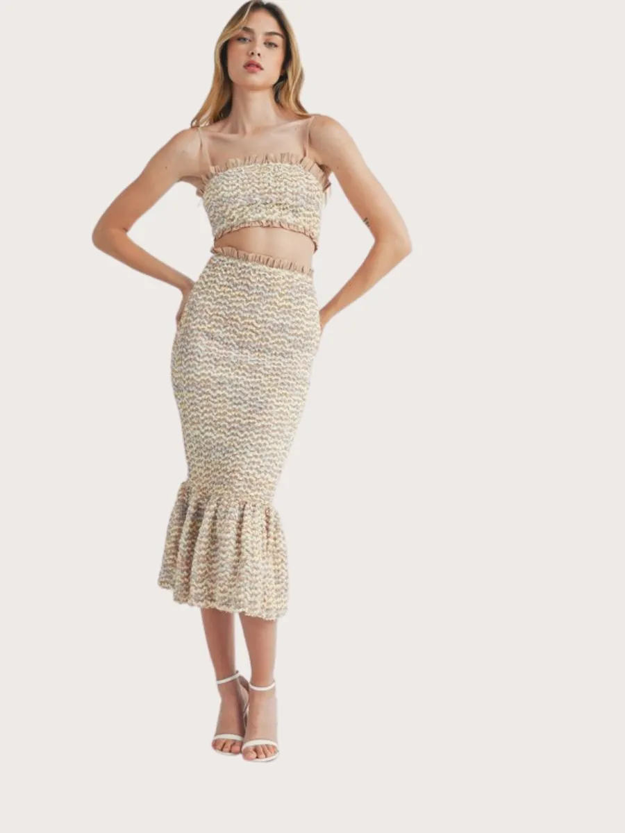 Smocked Ruffle Midi Skirt