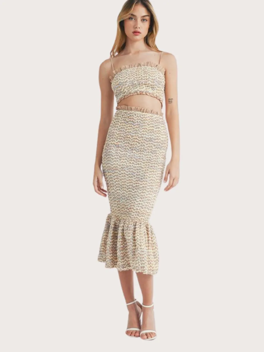 Smocked Ruffle Midi Skirt