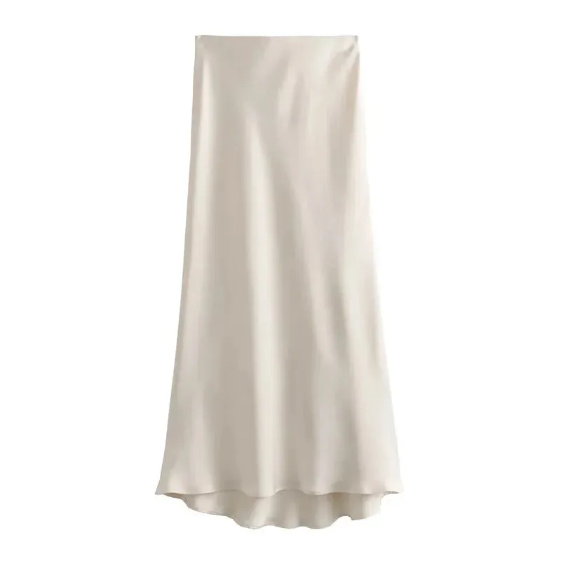 Women's Elegant High Waist Satin Midi Skirt - Black Summer Office Wear