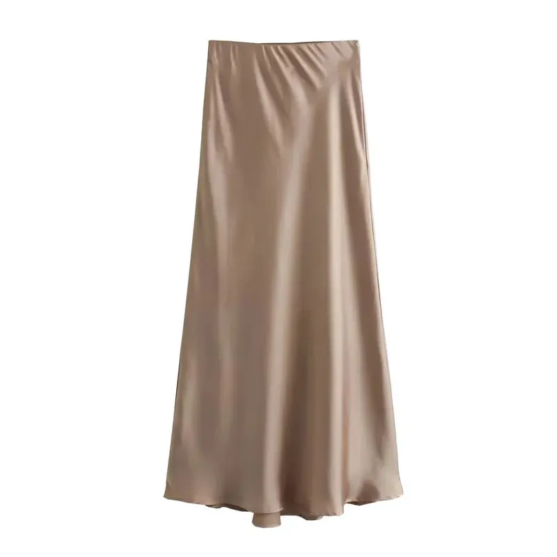 Women's Elegant High Waist Satin Midi Skirt - Black Summer Office Wear
