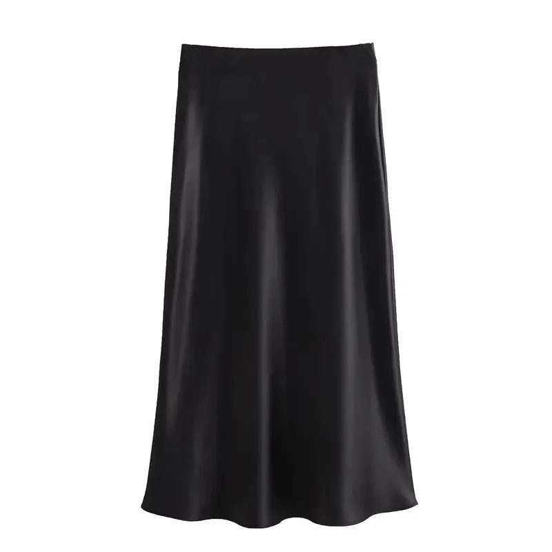 Women's Elegant High Waist Satin Midi Skirt - Black Summer Office Wear