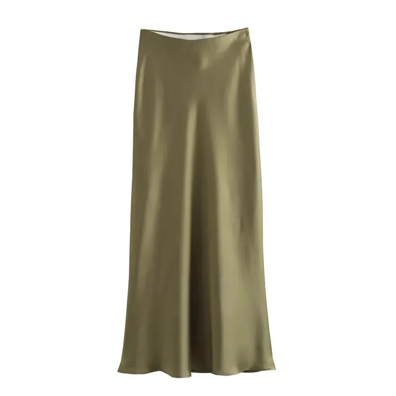 Women's Elegant High Waist Satin Midi Skirt - Black Summer Office Wear